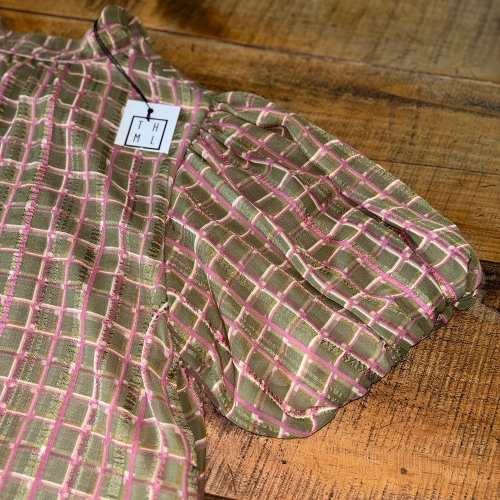 NWT THML Womens Olive Green Blush Plaid Puffer Sleeve Tie Closure Blouse Small - Picture 2 of 8